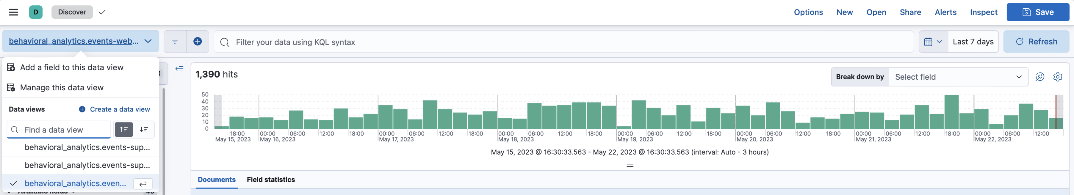 Analytics Discover app showing the data view dropdown menu