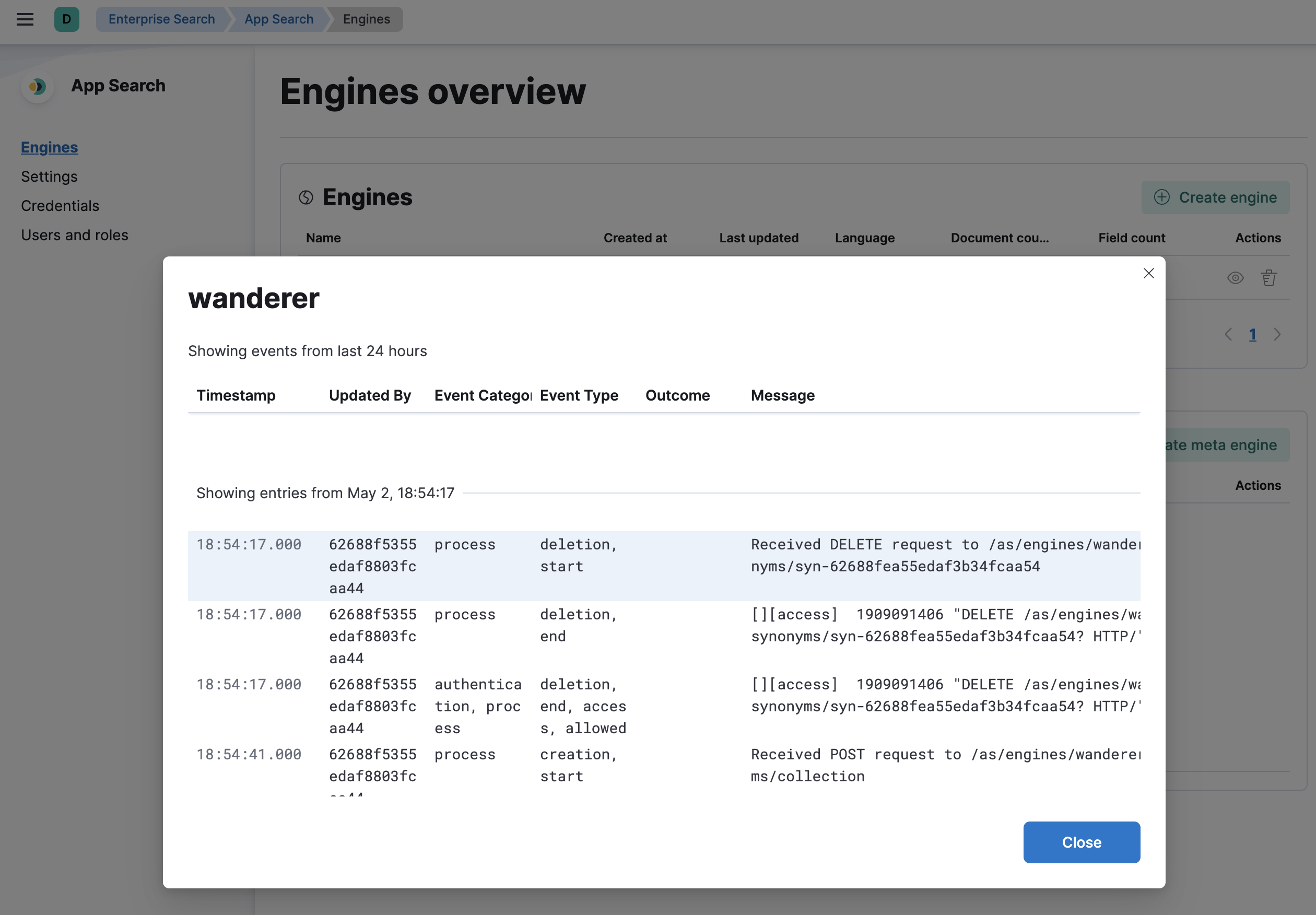 App Search engine audit log events table