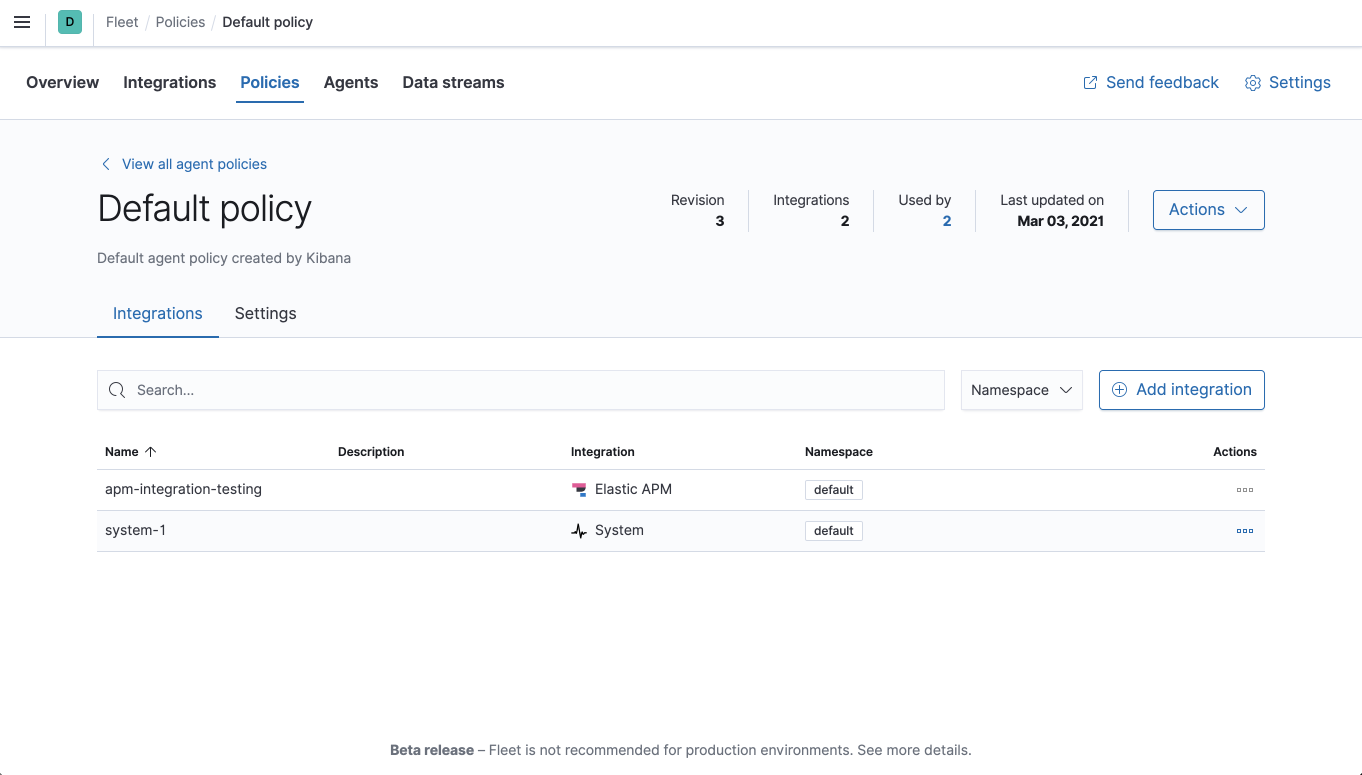 Fleet showing default agent policy with apm-1 datasource