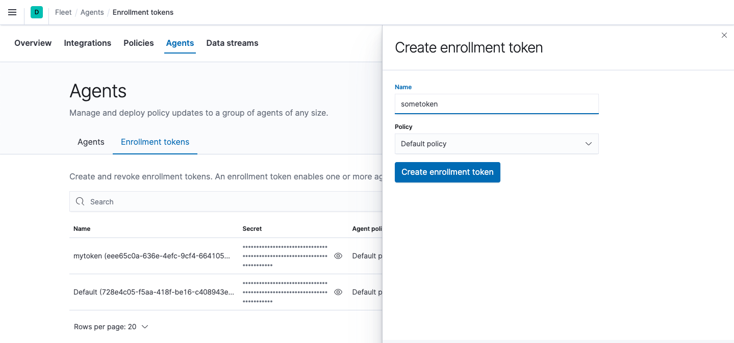 Enrollment tokens tab in Fleet