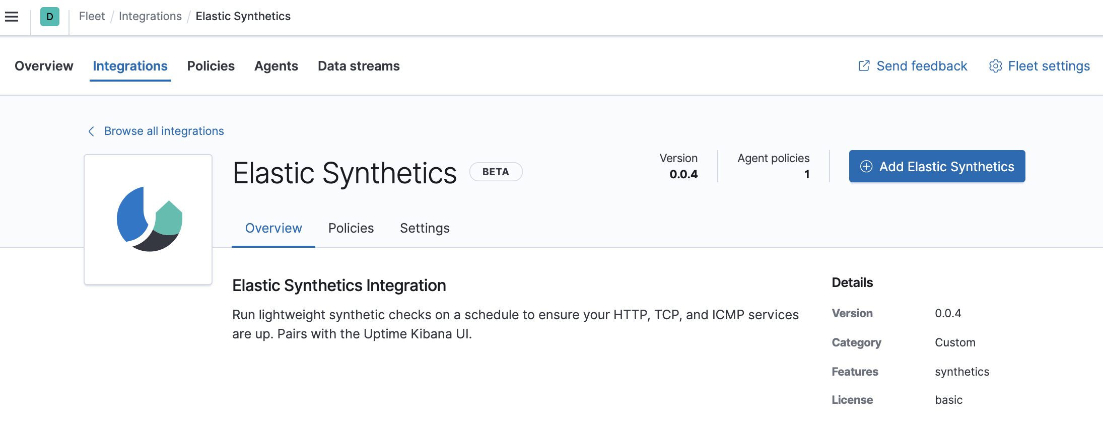 Fleet showing Synthetics integration overview