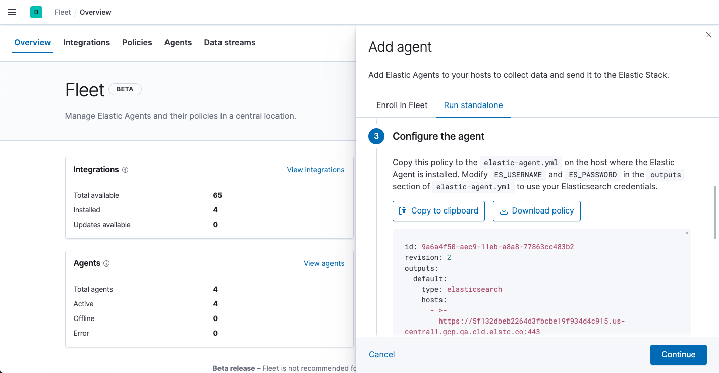 Fleet showing default agent policy in YAML format