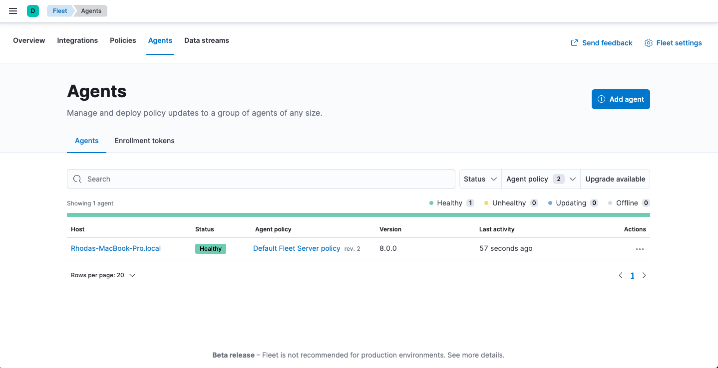 Agent tab showing a healthy agent enrolled in the Default Fleet Server policy