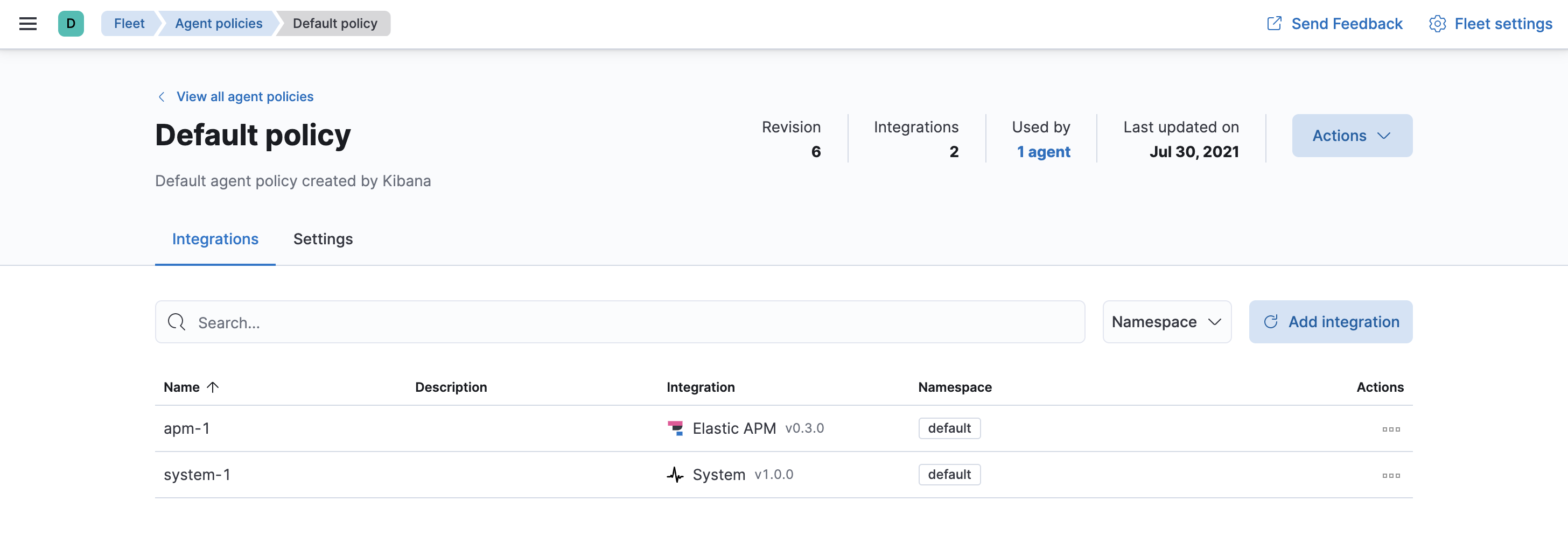 Fleet showing default agent policy with apm-1 datasource