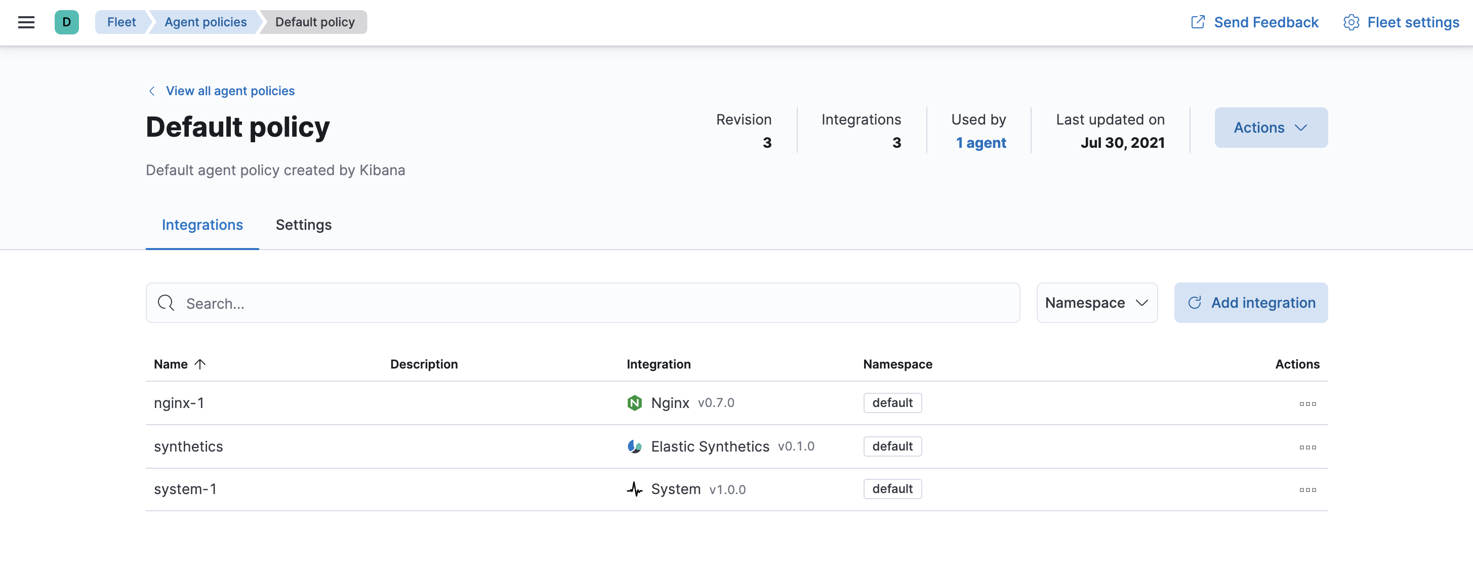 Fleet showing default agent policy with nginx-1 datasource