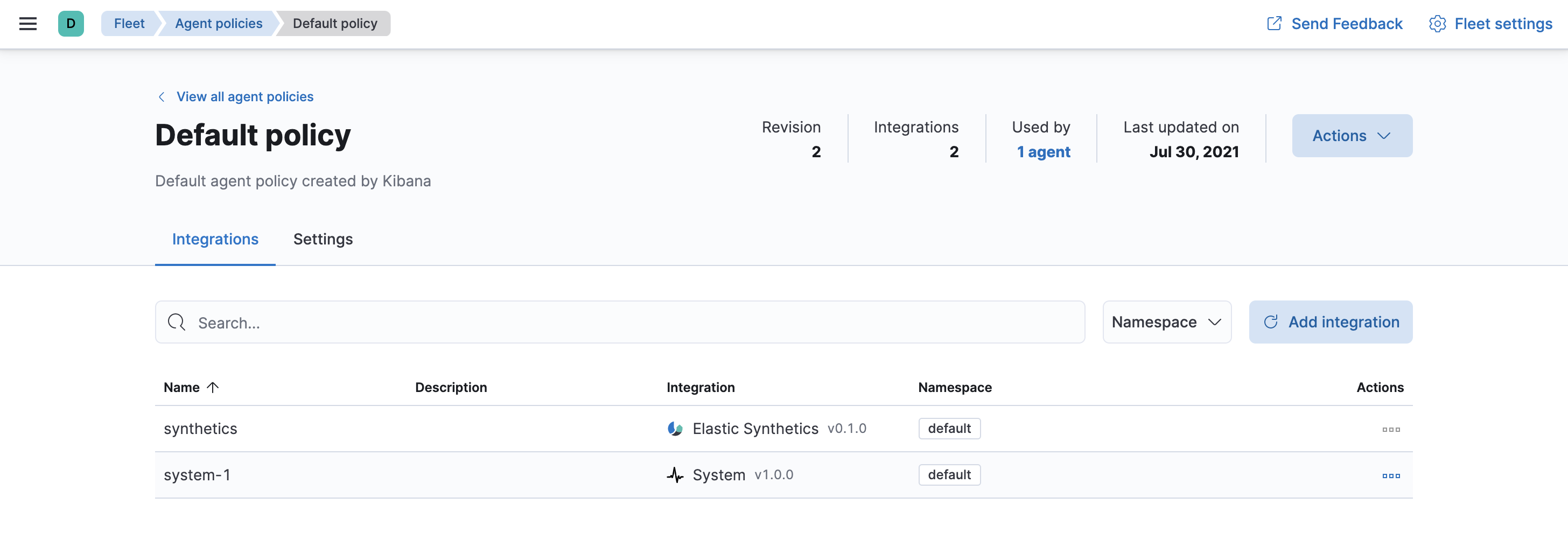 Fleet showing default agent policy with synthetics-1 datasource