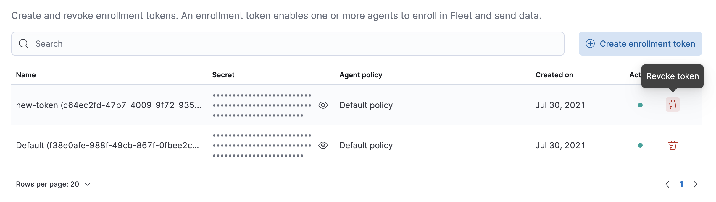 Enrollment tokens tab with Revoke token highlighted