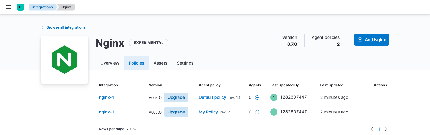 Policies tab under Integrations shows how to upgrade the package policy