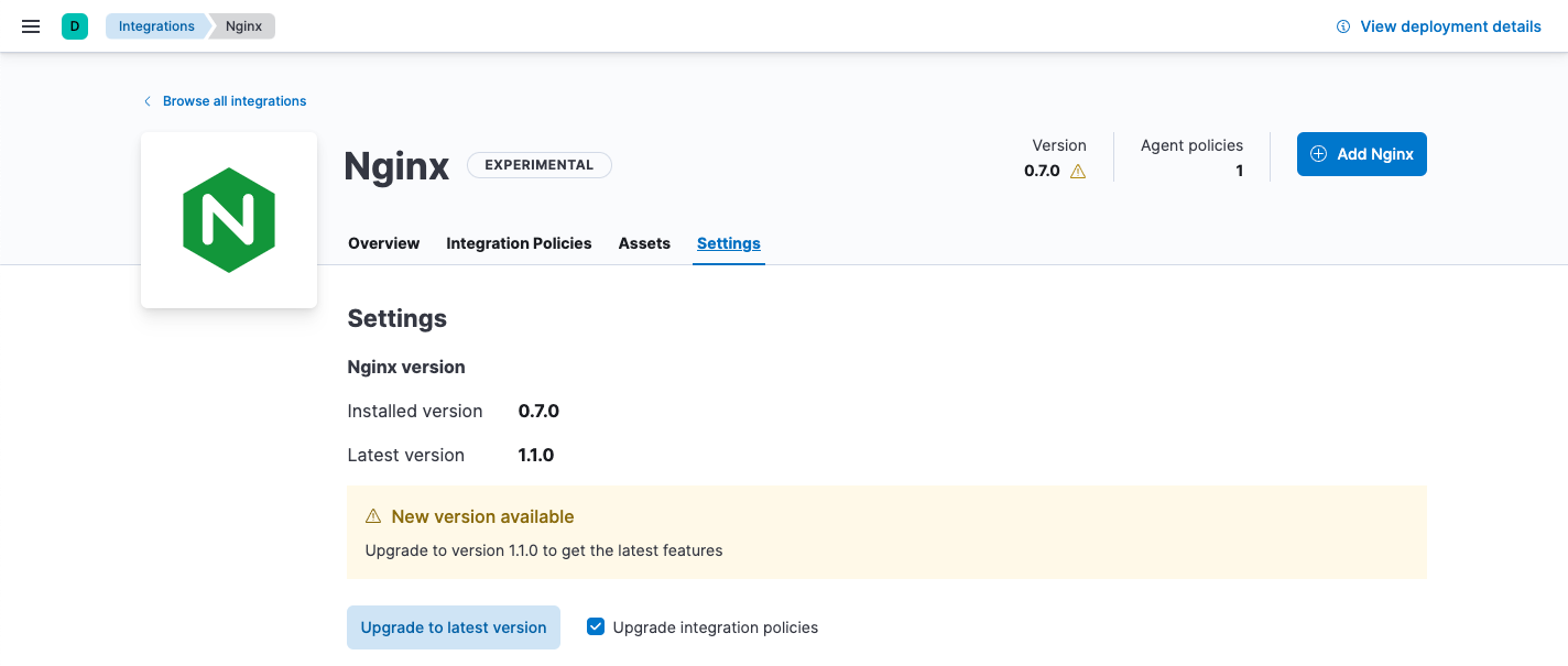 Settings tab under Integrations shows how to upgrade the integration