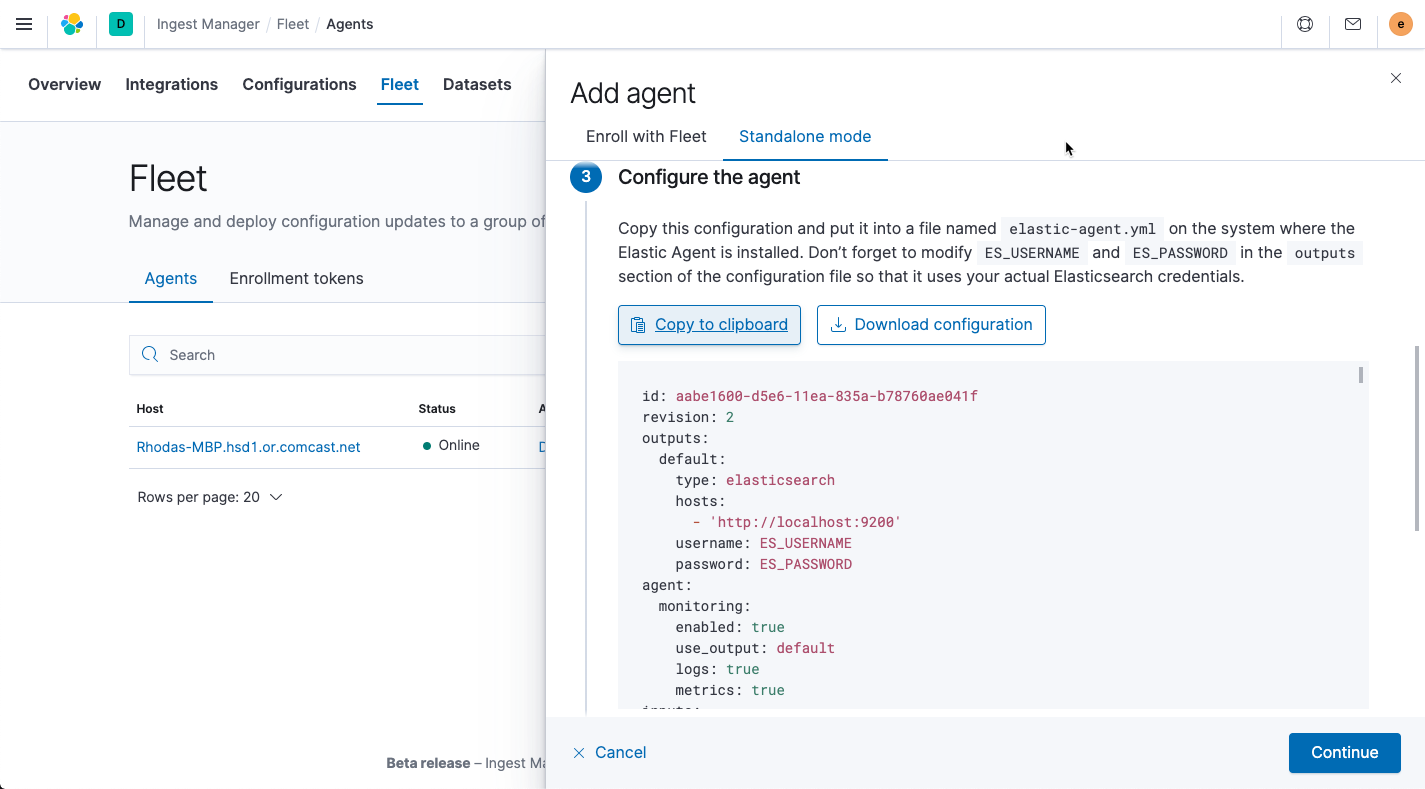 Ingest Manager showing default agent configuration in YAML format