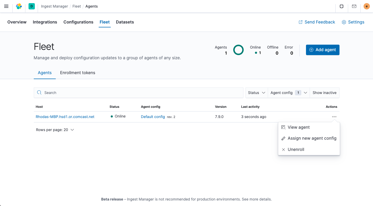 Ingest Manager showing enrolled agents