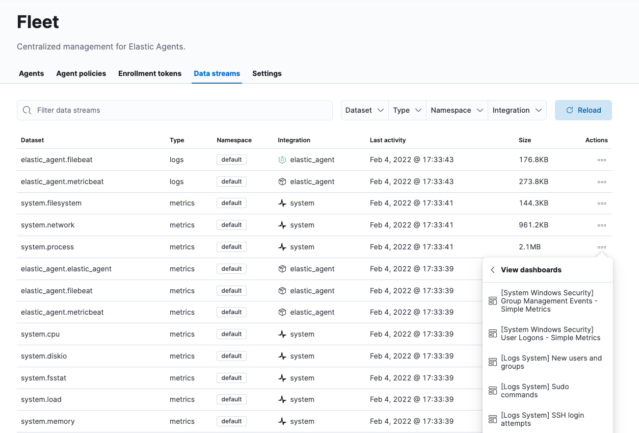 Screen showing data streams created by the Elastic Agent