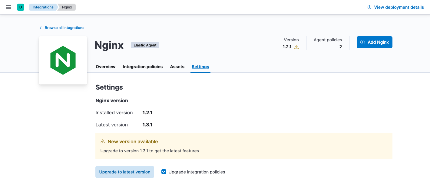 Settings tab under Integrations shows how to upgrade the integration