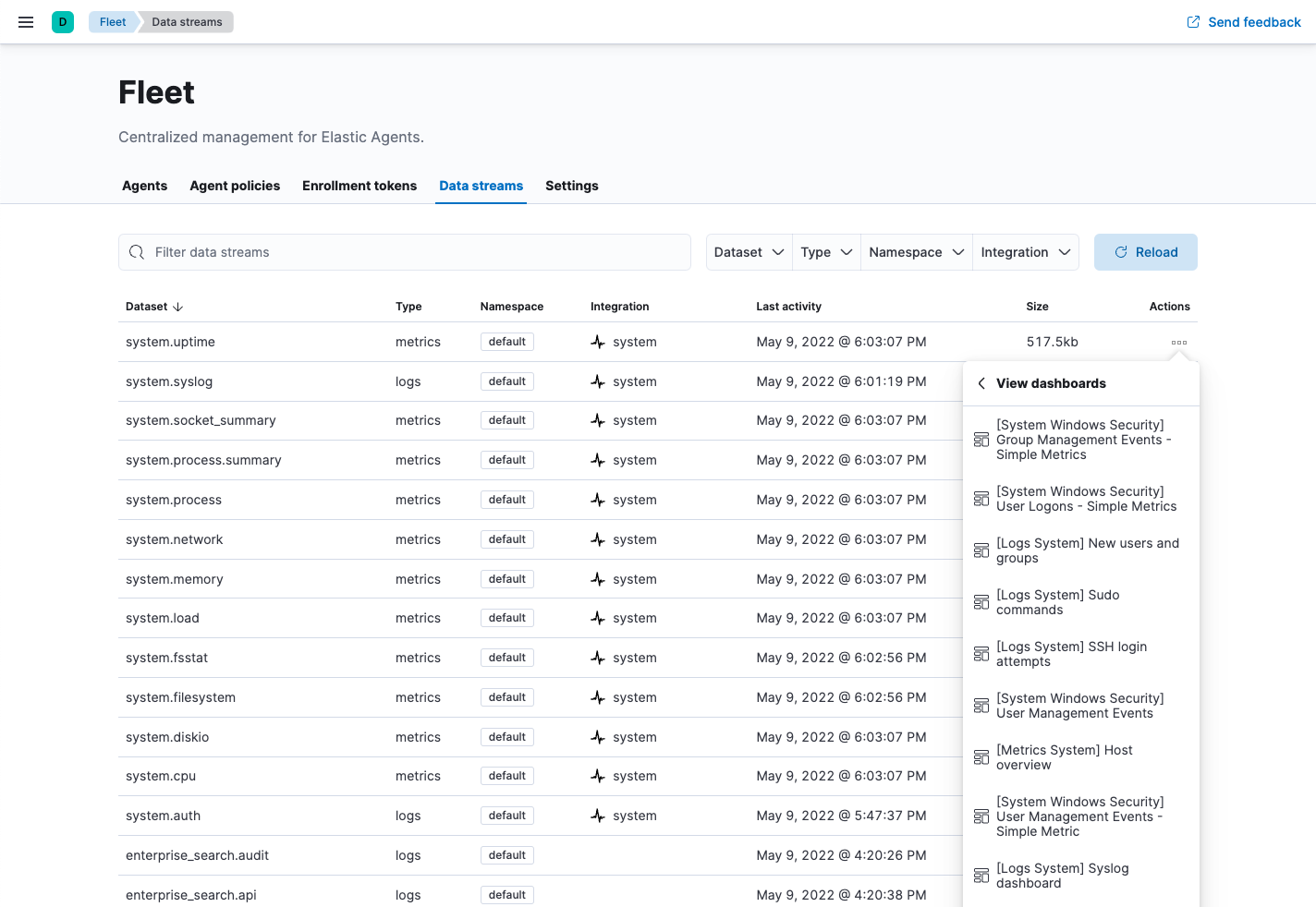 Data streams page