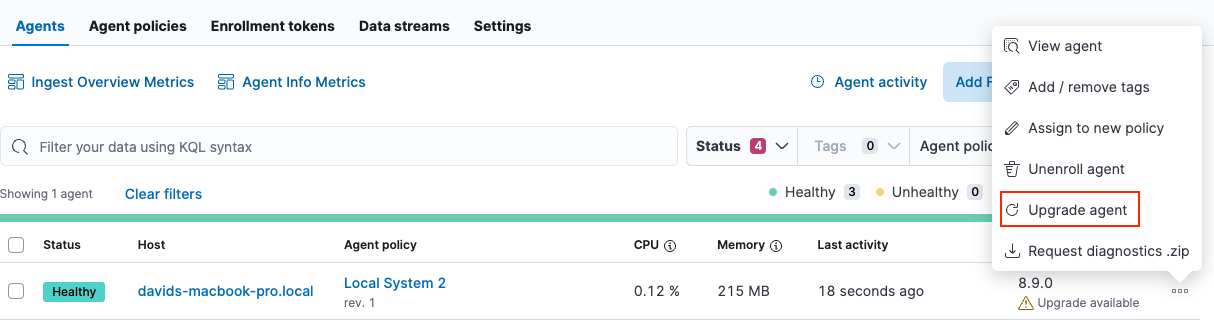 Menu for upgrading a single Elastic Agent