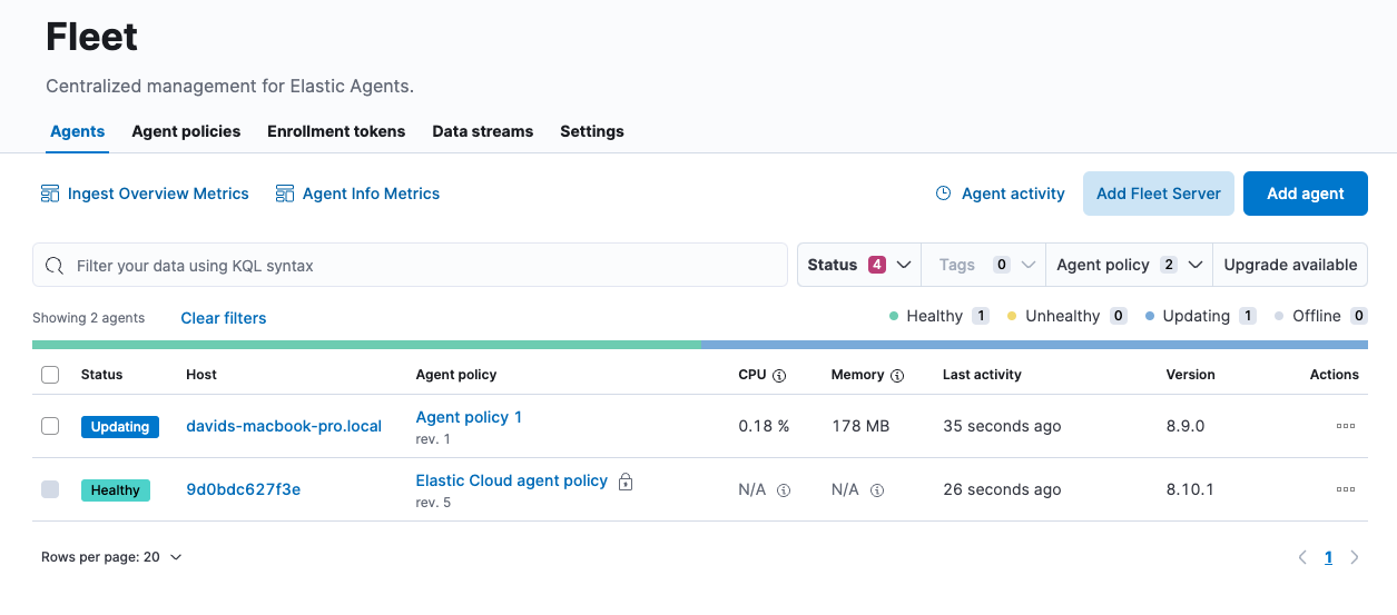 Agents tab showing status of each Elastic Agent