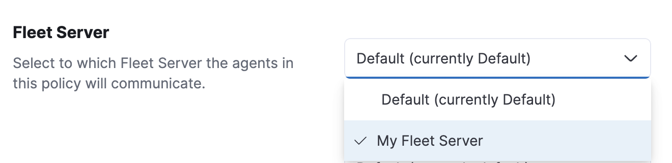 Screen capture showing how to add a Fleet Server to a policy when creating or updating the policy.