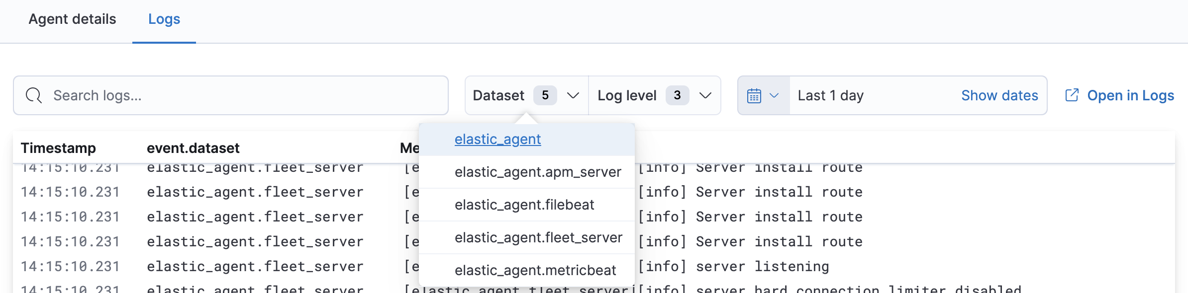 Fleet showing datasets for logging