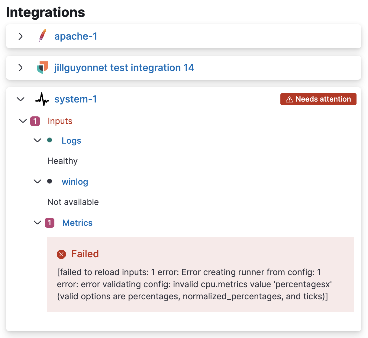 Agent details integrations pane with health status