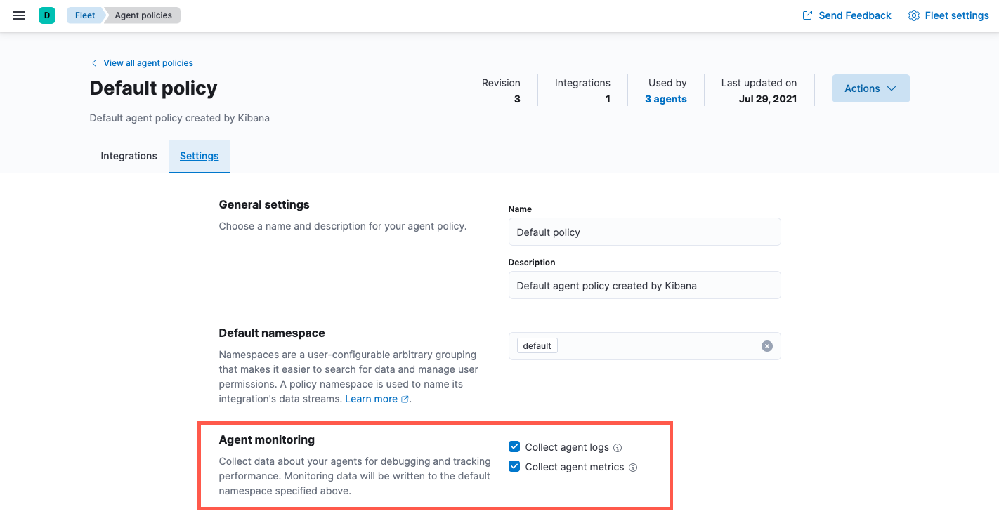 Screen capture of agent monitoring settings in the default agent policy