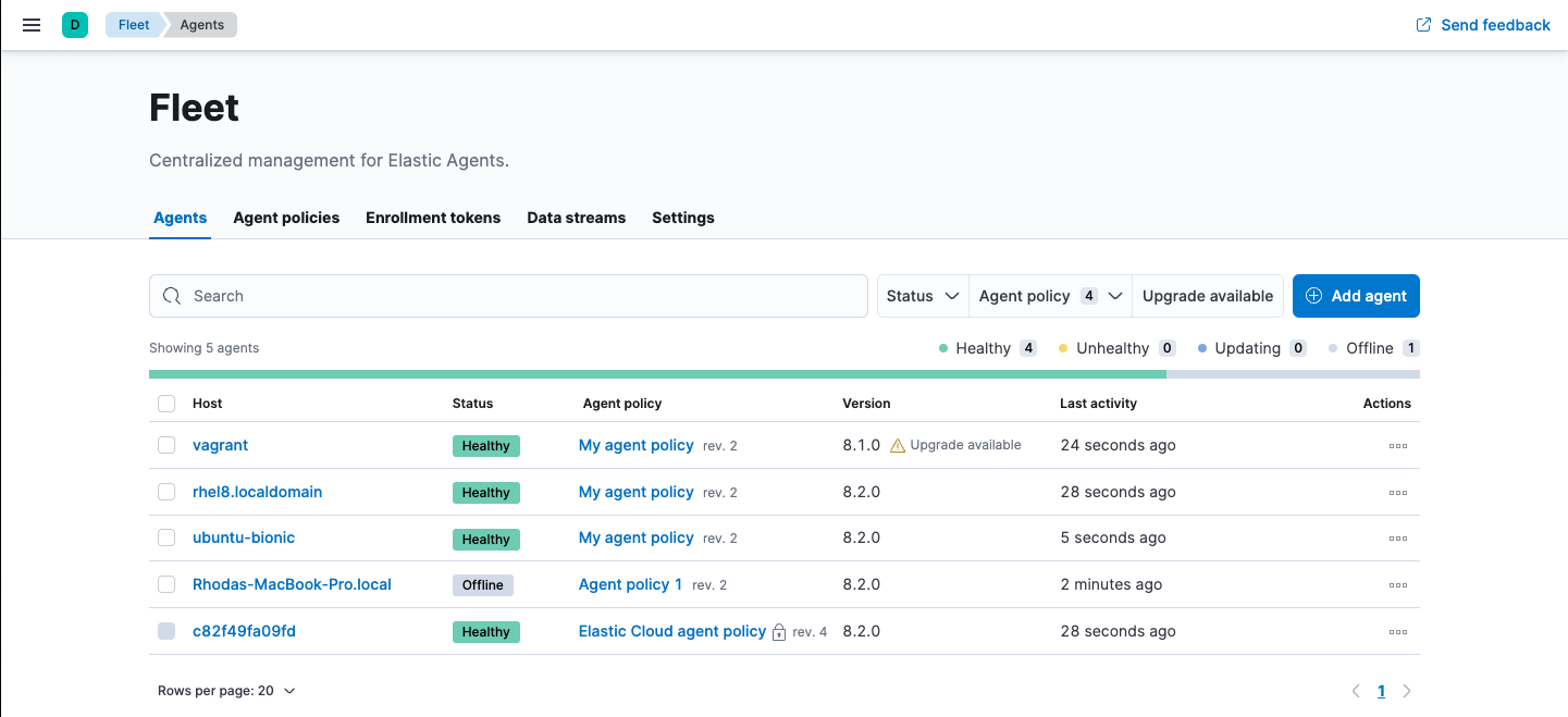 Agents tab showing status of each Elastic Agent