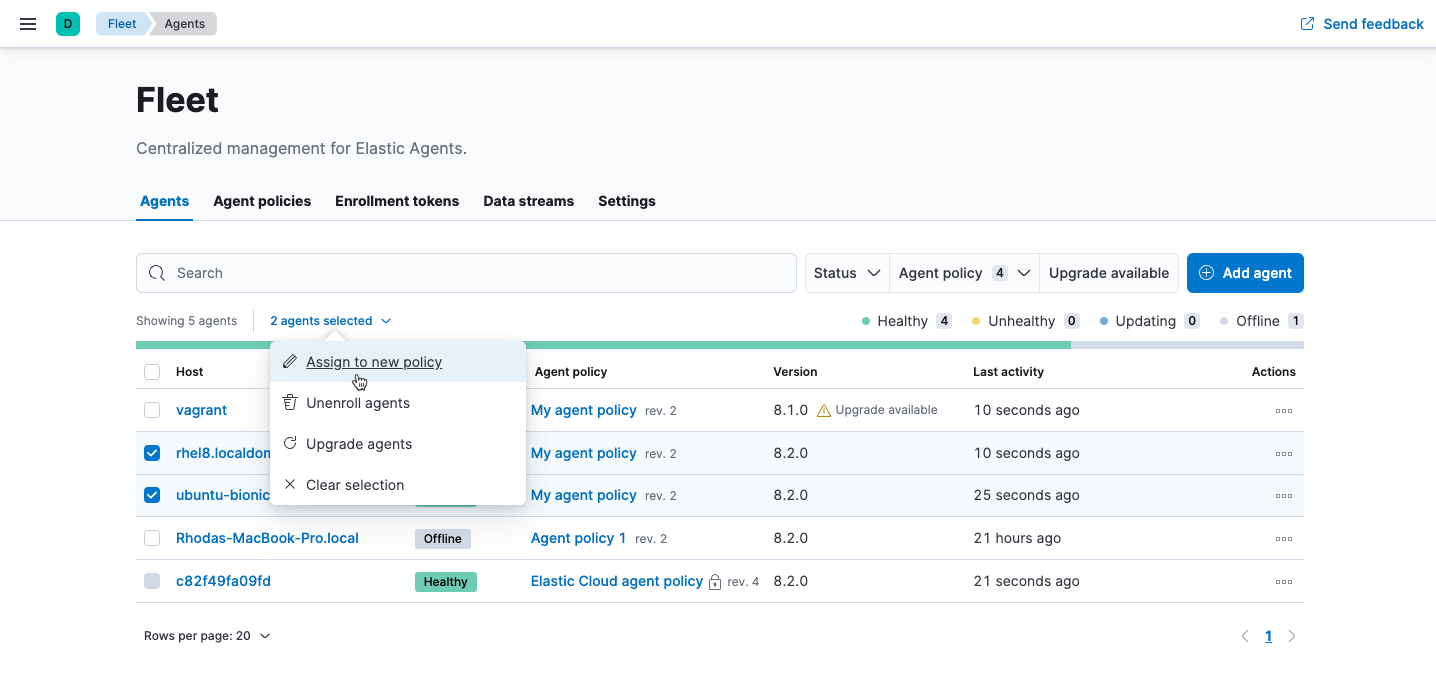 Assign to new policy dropdown