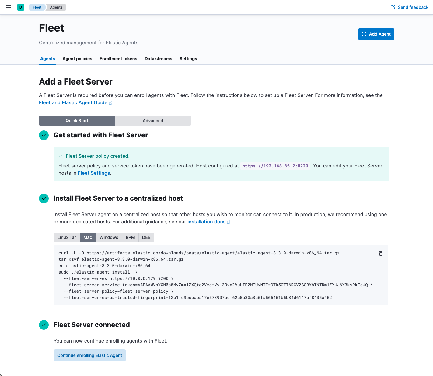 In-product instructions for adding a Fleet Server in quick start mode