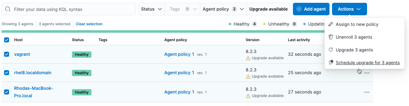 Menu for scheduling Elastic Agent upgrades