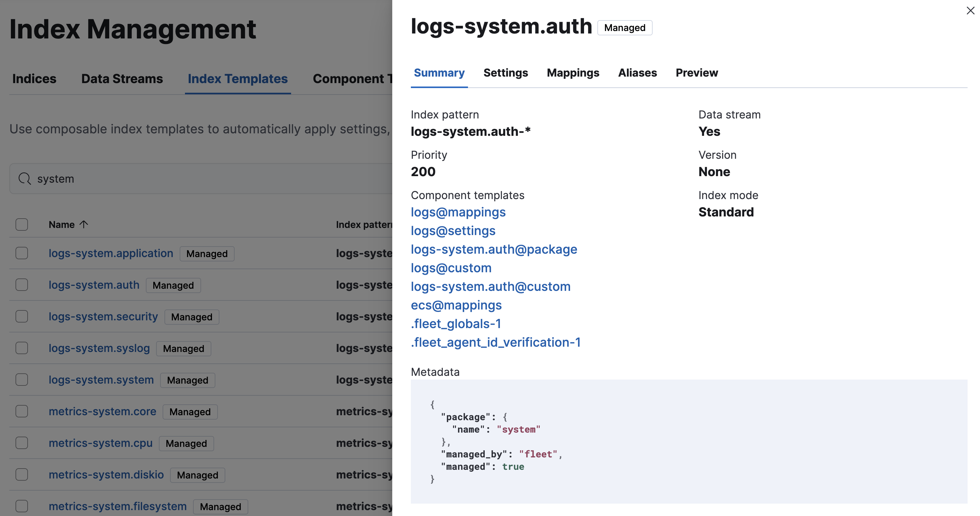 List of component templates available for the logs-system.auth index template