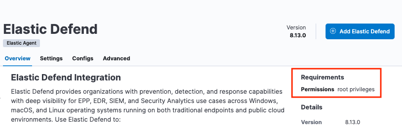 Elastic Defend integration page showing root requirement