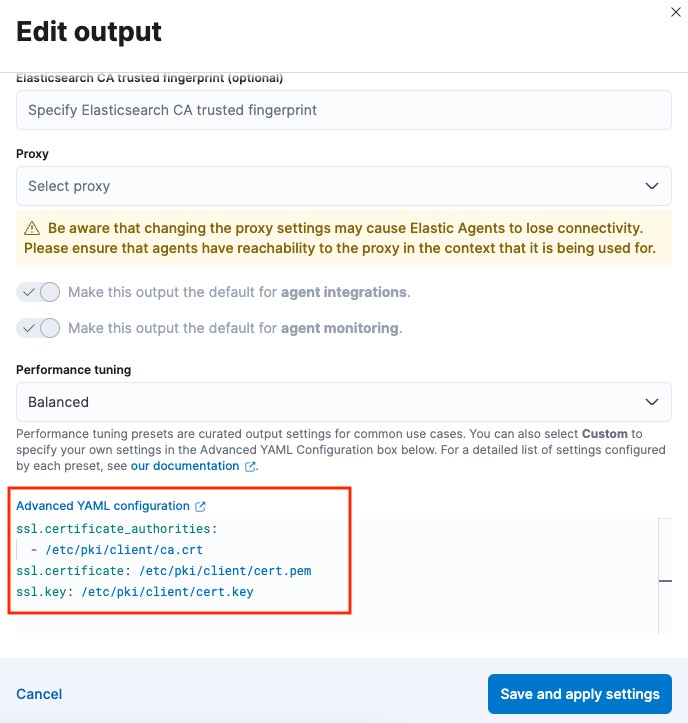 Screen capture of output advanced yaml settings