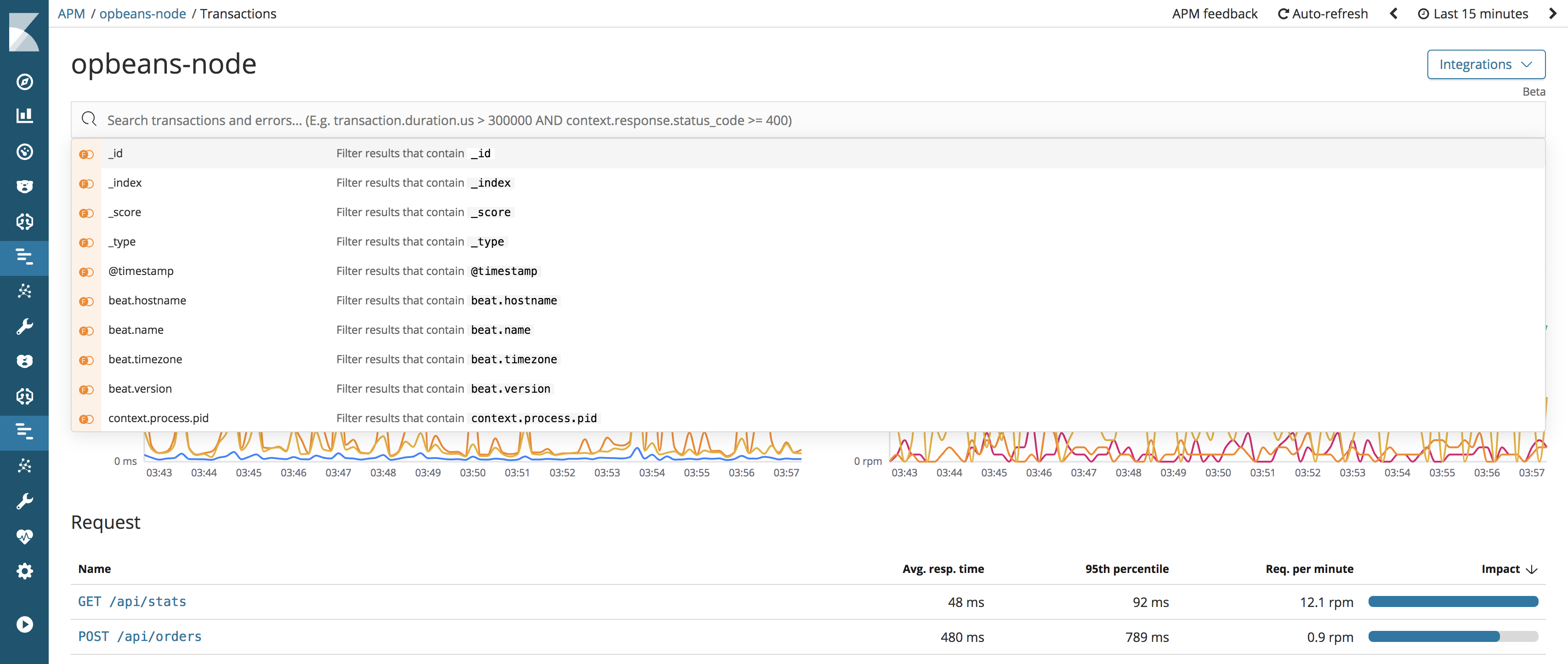 Example of the Kibana Query bar in APM UI in Kibana