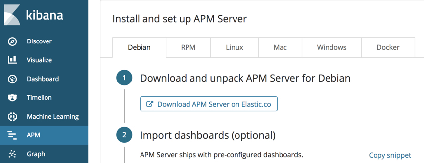 Installation instructions on the APM page in Kibana