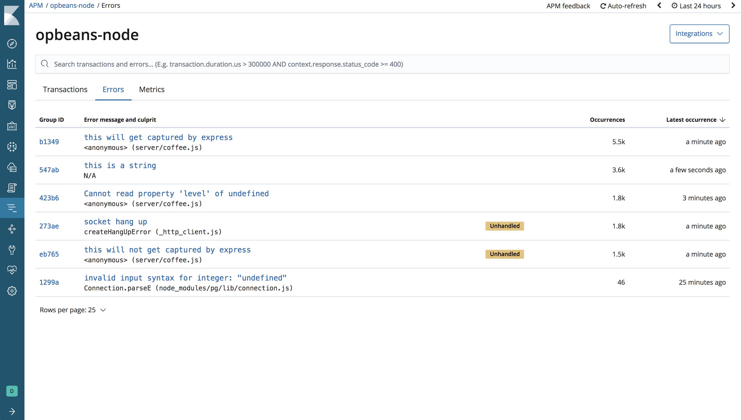 Example view of the errors overview in the APM UI in Kibana