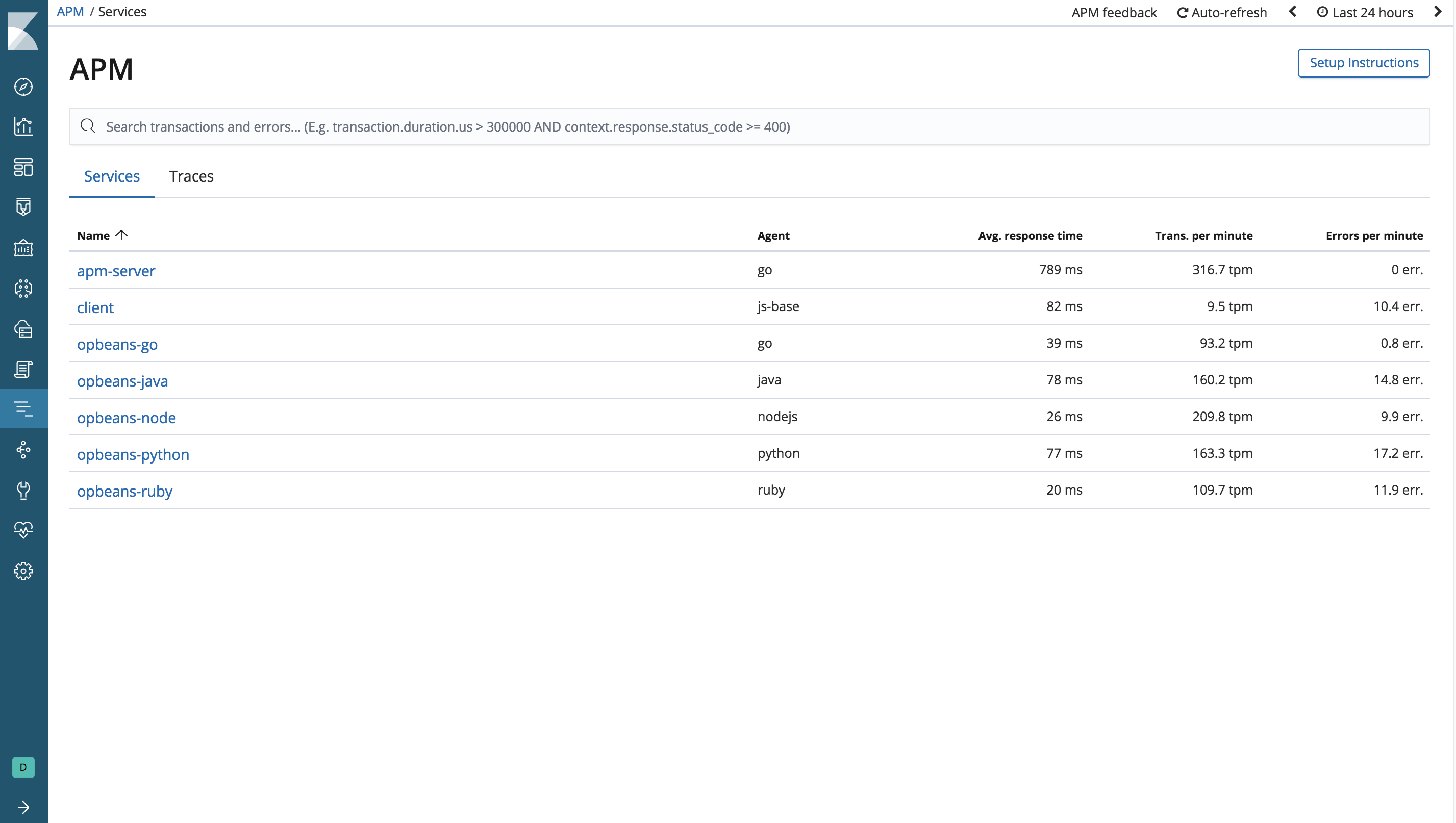 Example view of services table the APM UI in Kibana