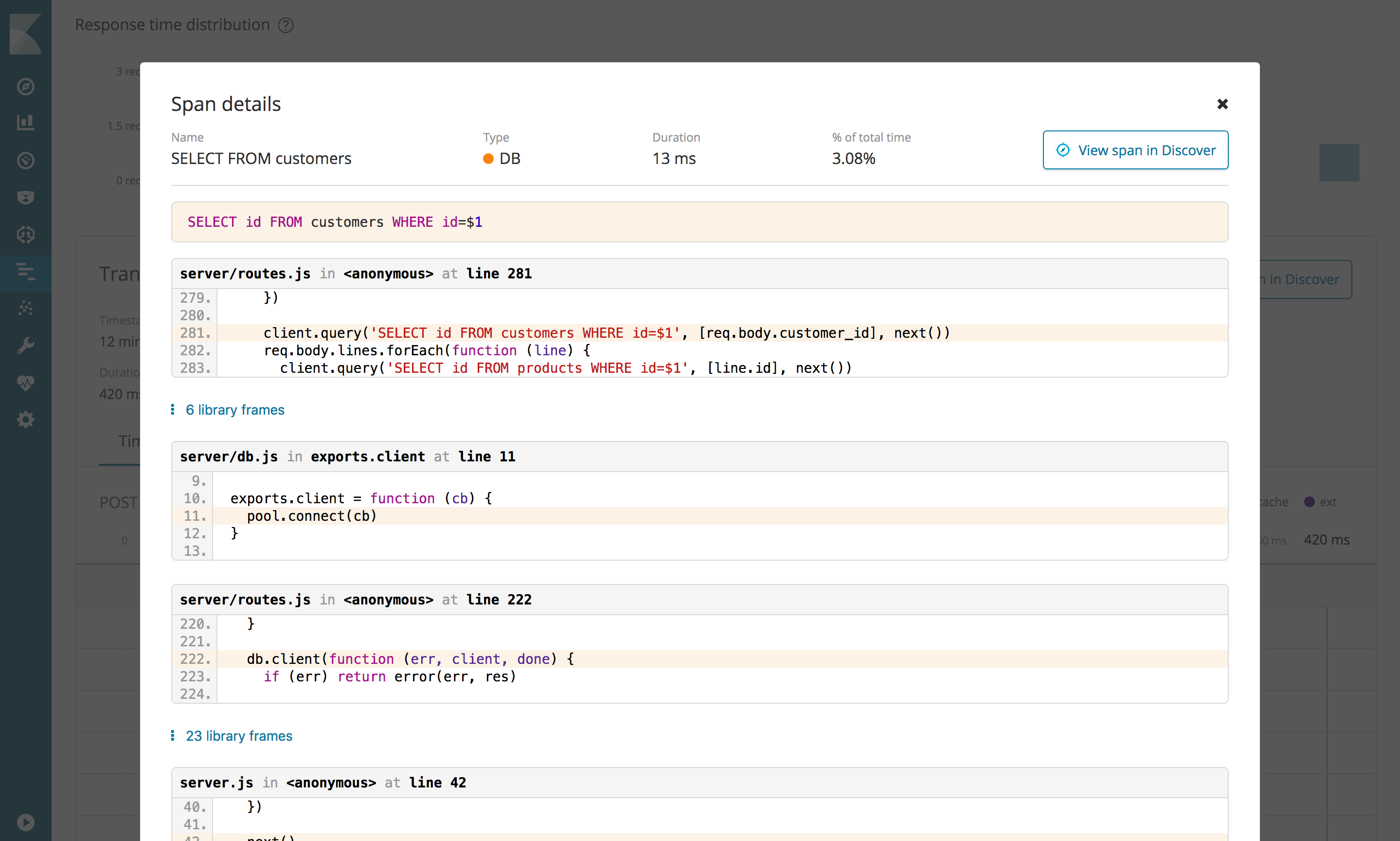 Example view of a span detail in the APM UI in Kibana