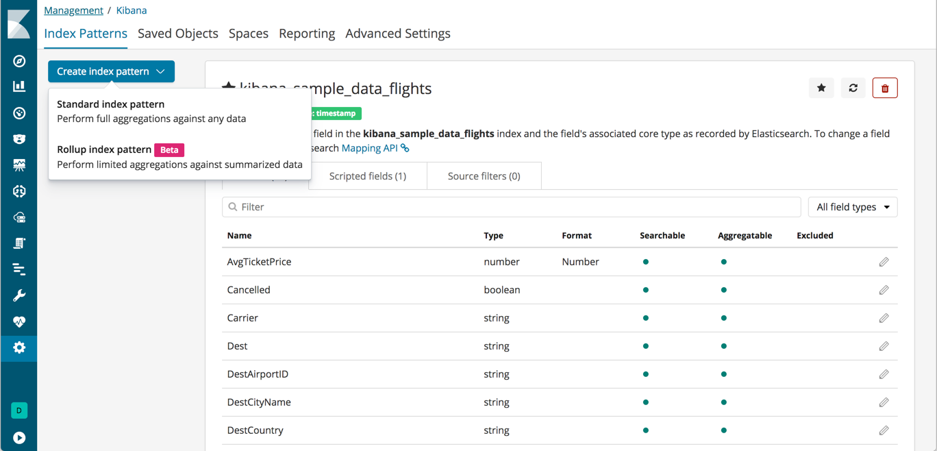 Create index pattern menu