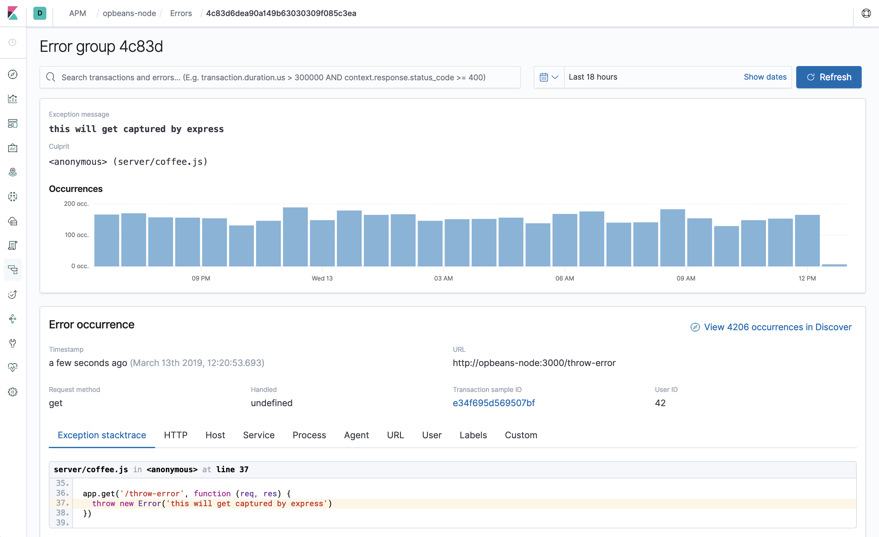 Example view of the error group page in the APM UI in Kibana