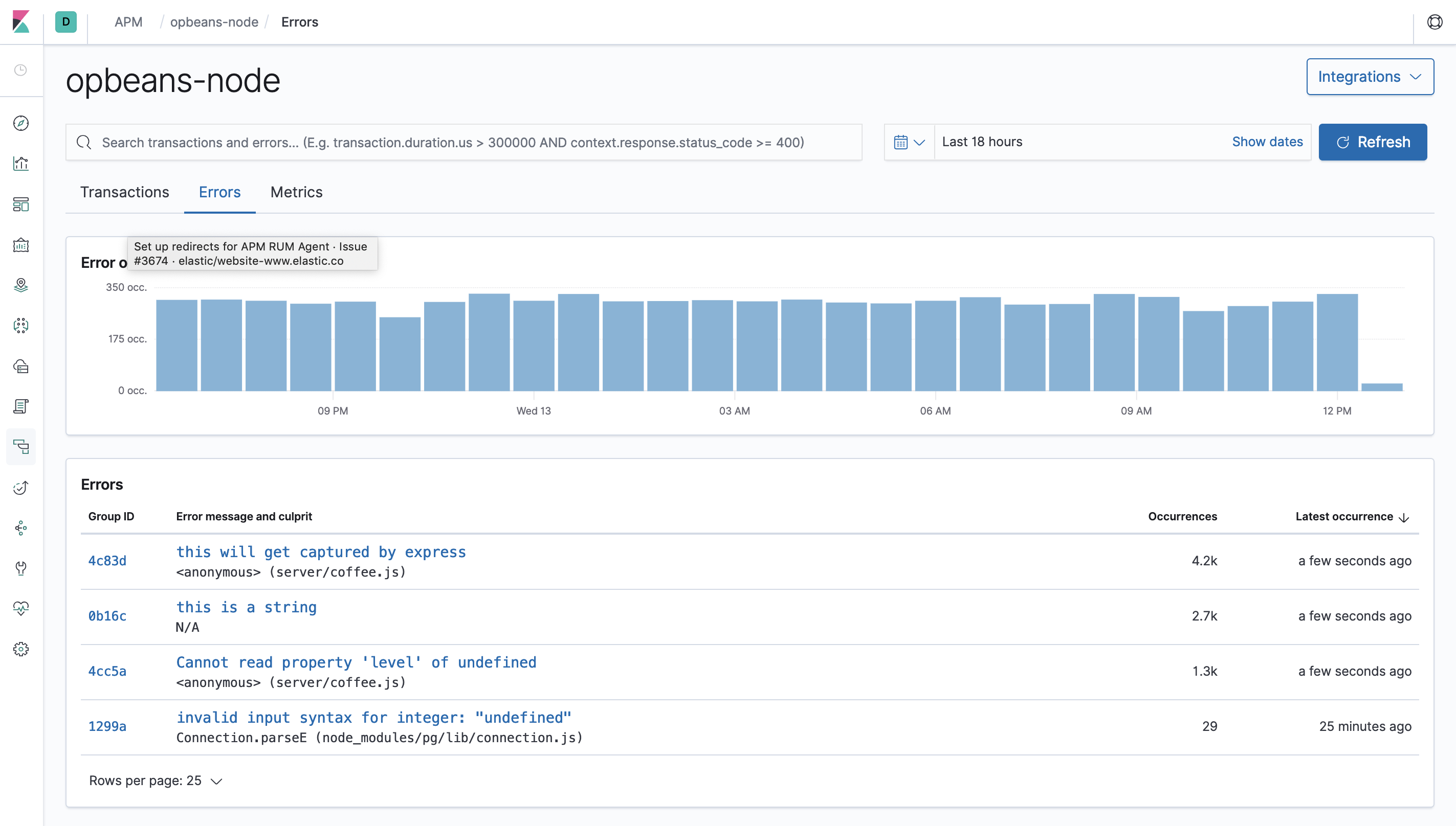 Example view of the errors overview in the APM UI in Kibana