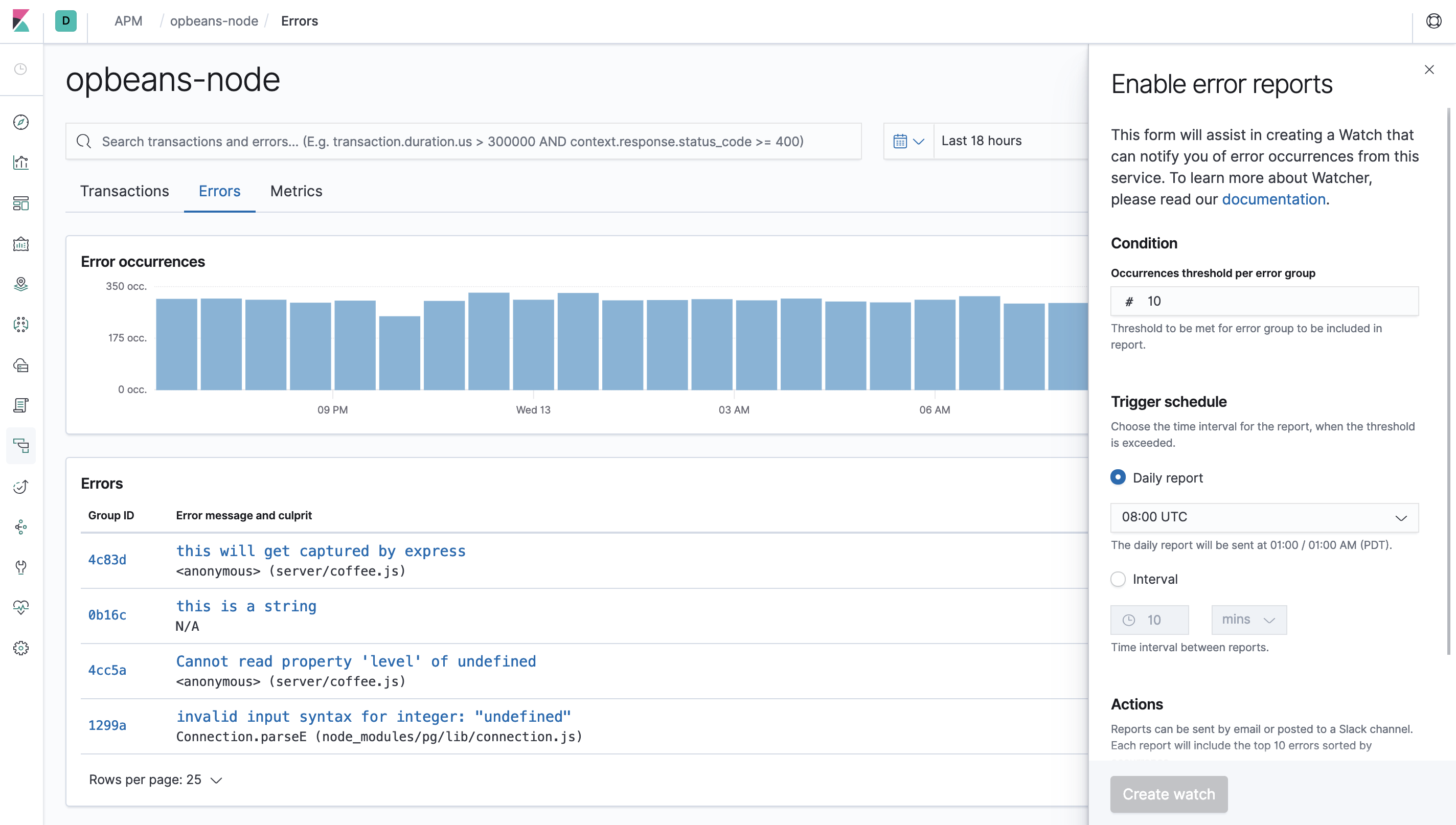 Example view of the Watcher assistant for errors in APM UI in Kibana