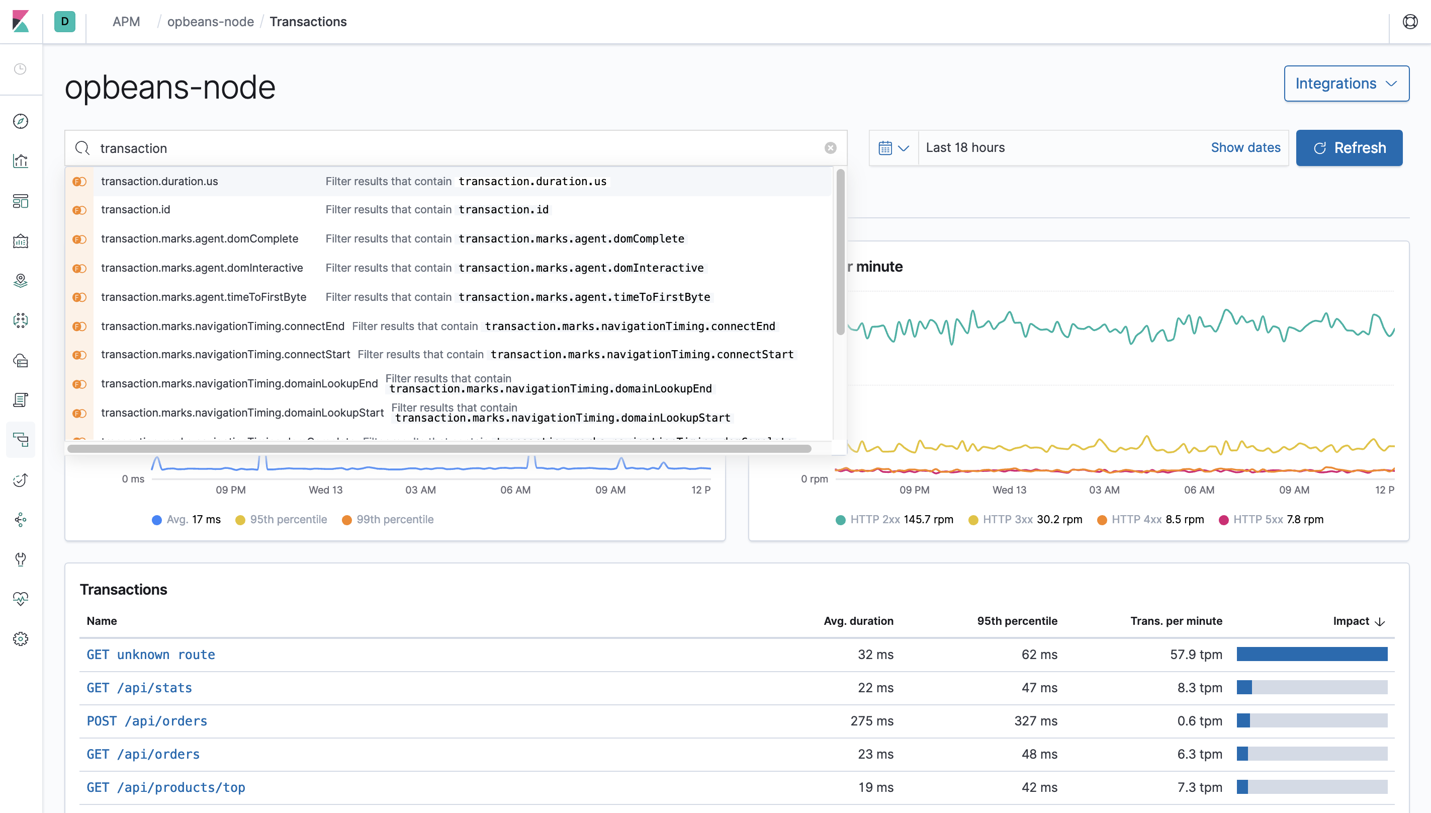 Example of the Kibana Query bar in APM UI in Kibana