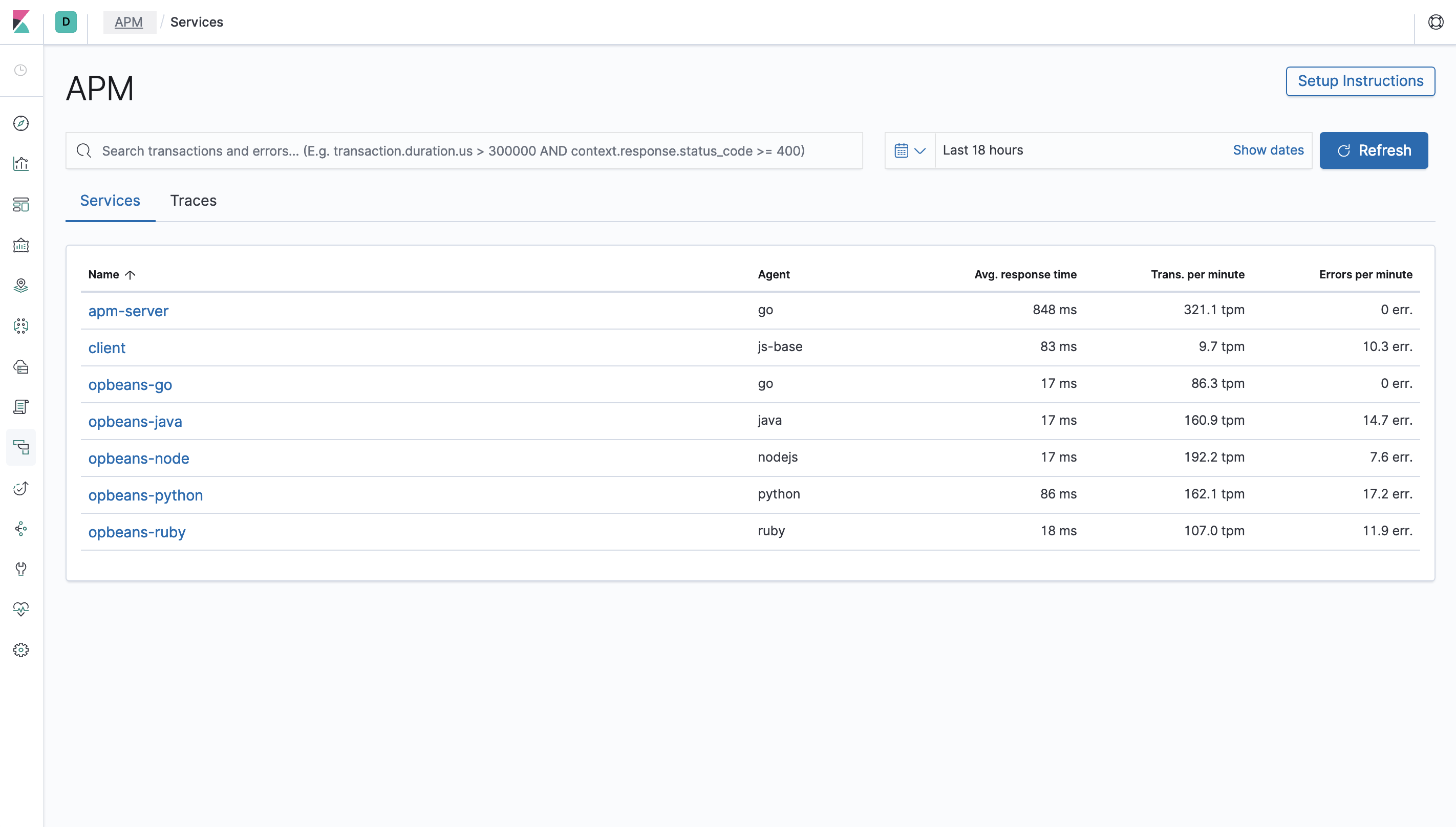 Example view of services table the APM UI in Kibana