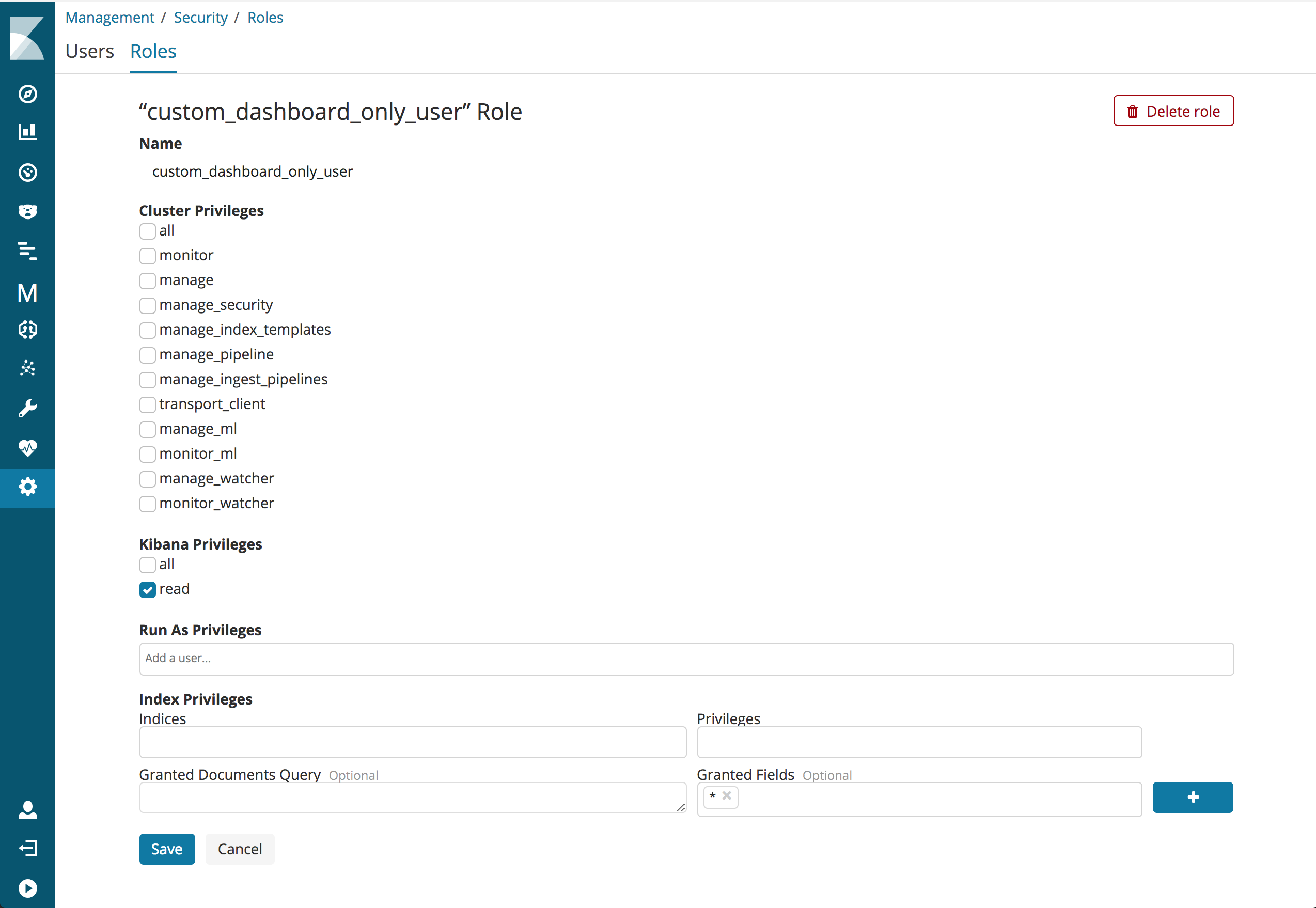 Custom dashboard mode role with read permissions on a custom kibana index