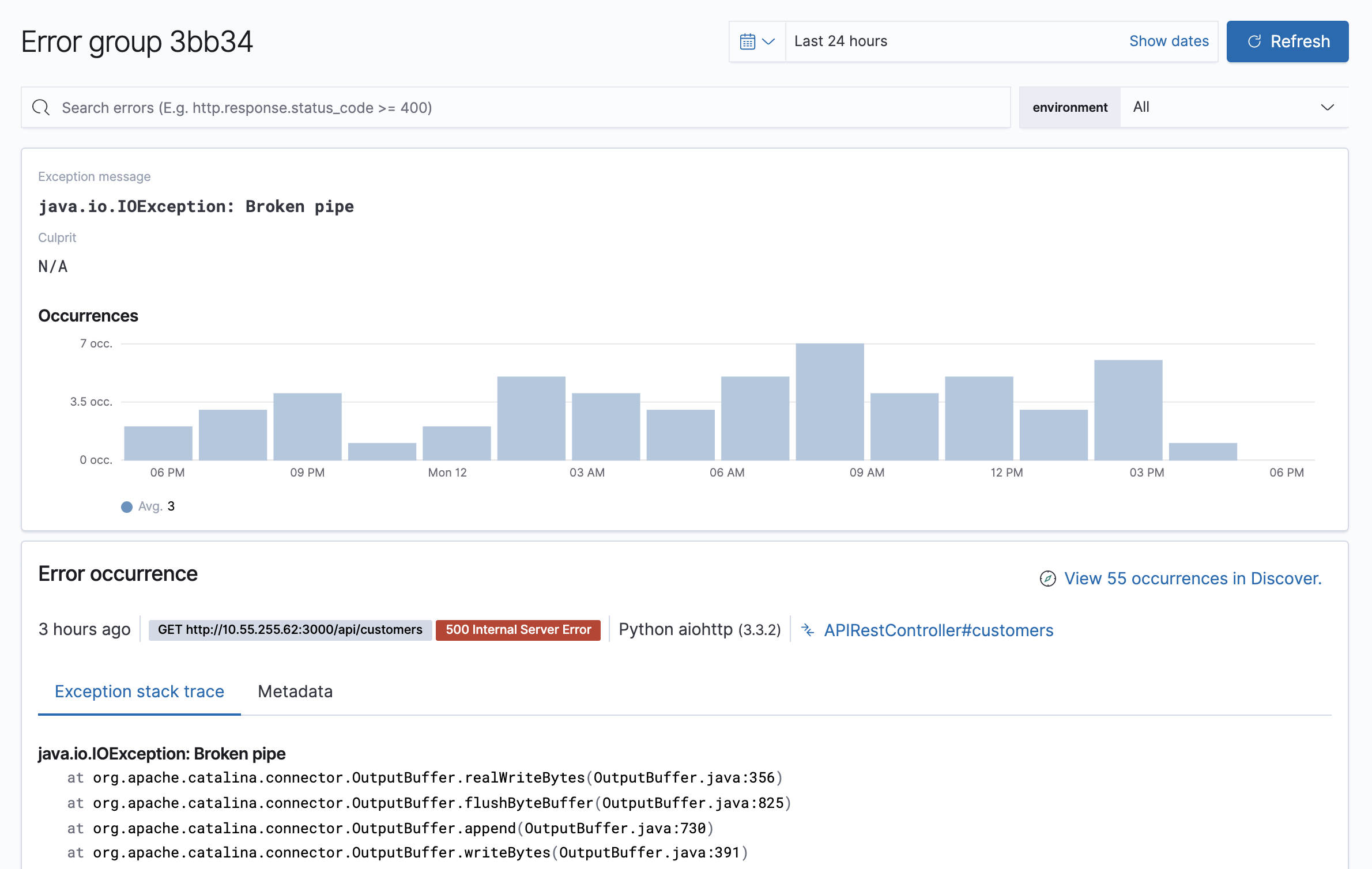 Example view of the error group page in the APM app in Kibana