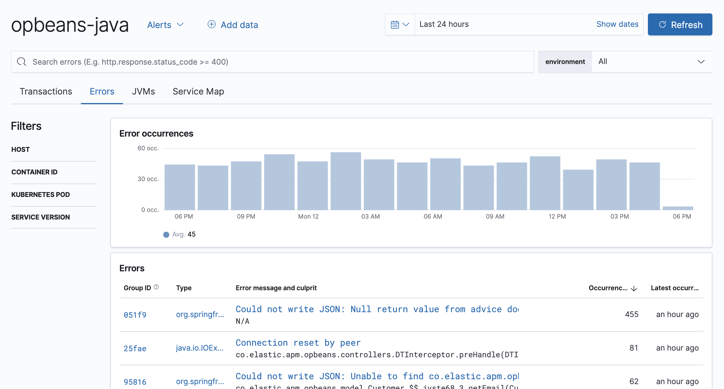 Example view of the errors overview in the APM app in Kibana