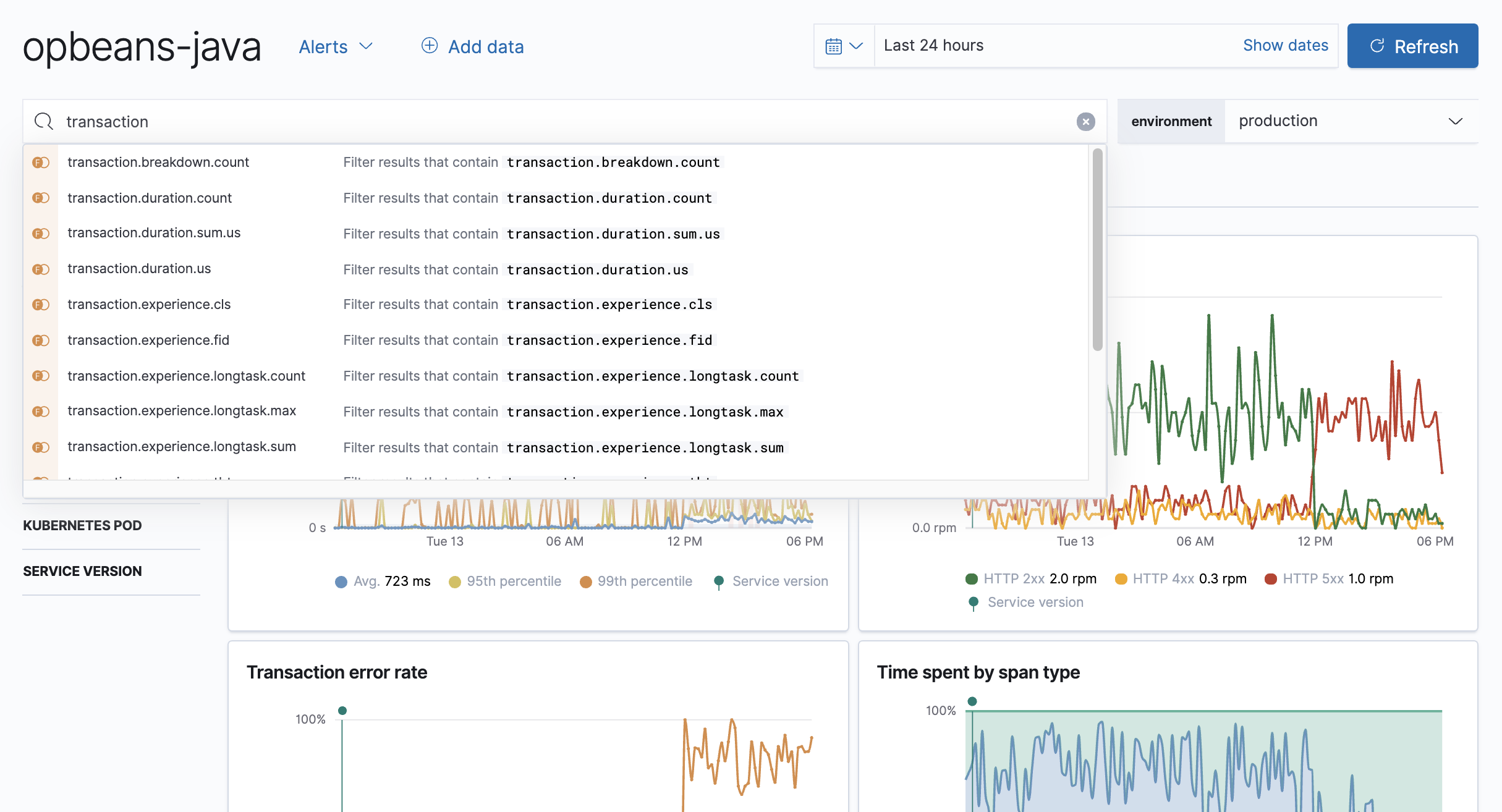 Example of the Kibana Query bar in APM app in Kibana