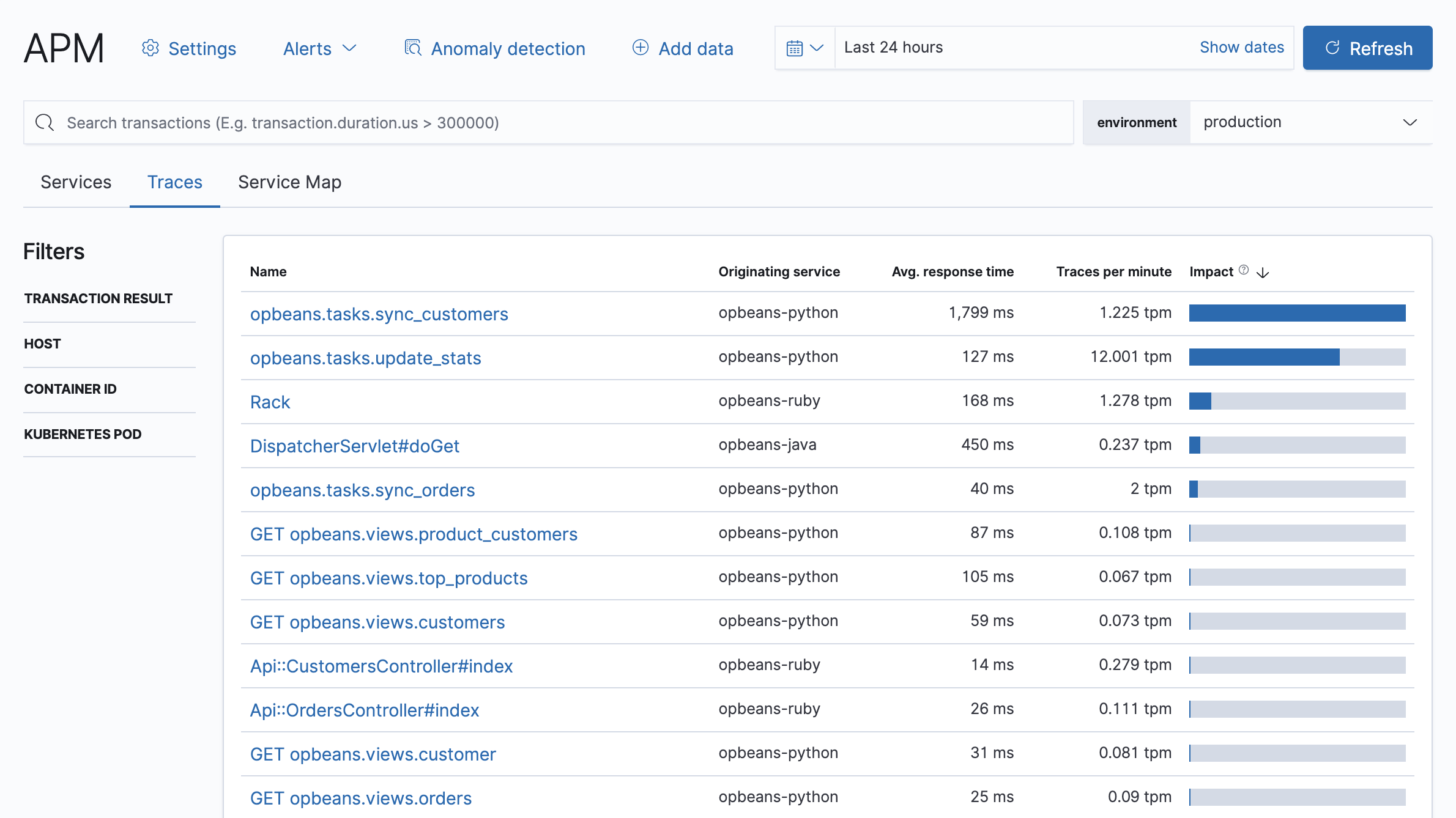 Example view of the Traces overview in APM app in Kibana