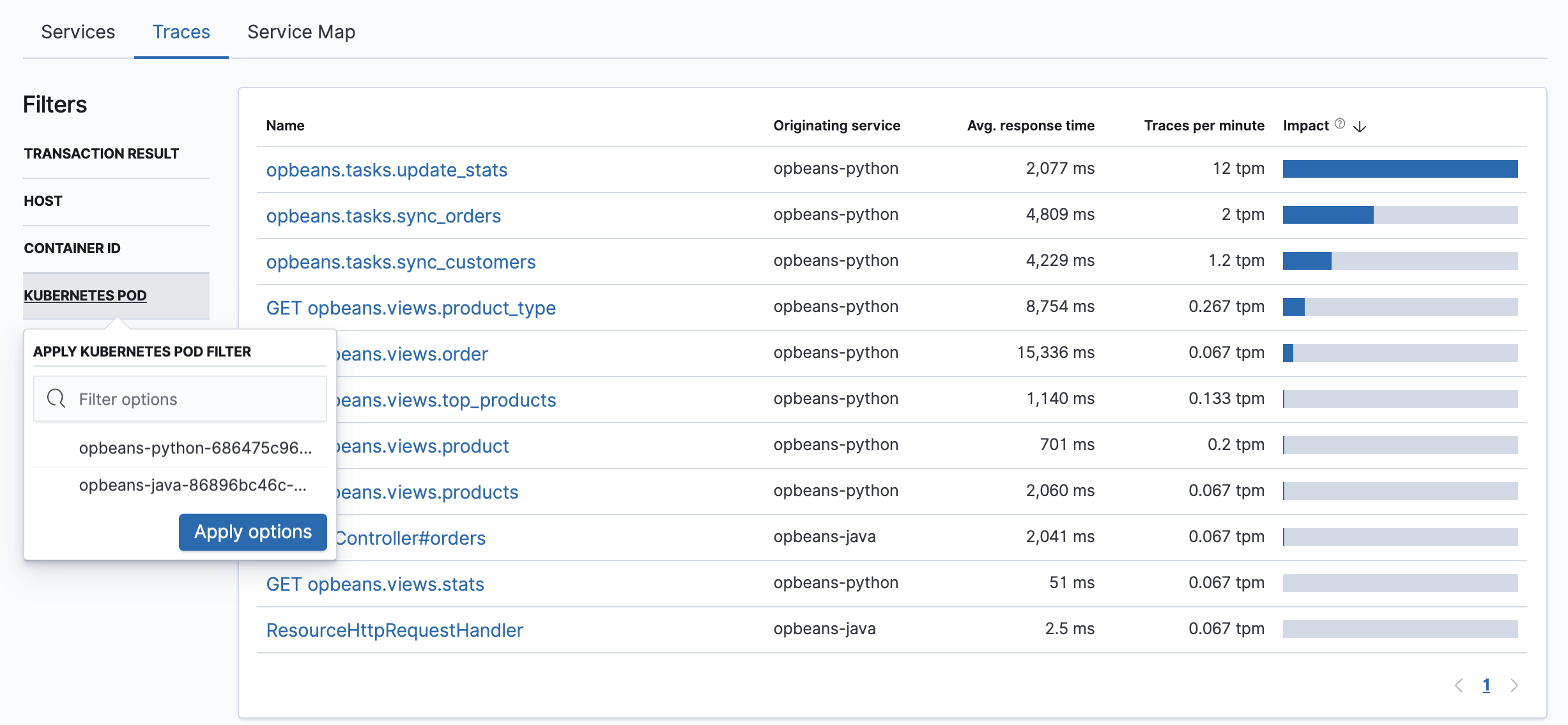 Local filters available in the APM app in Kibana