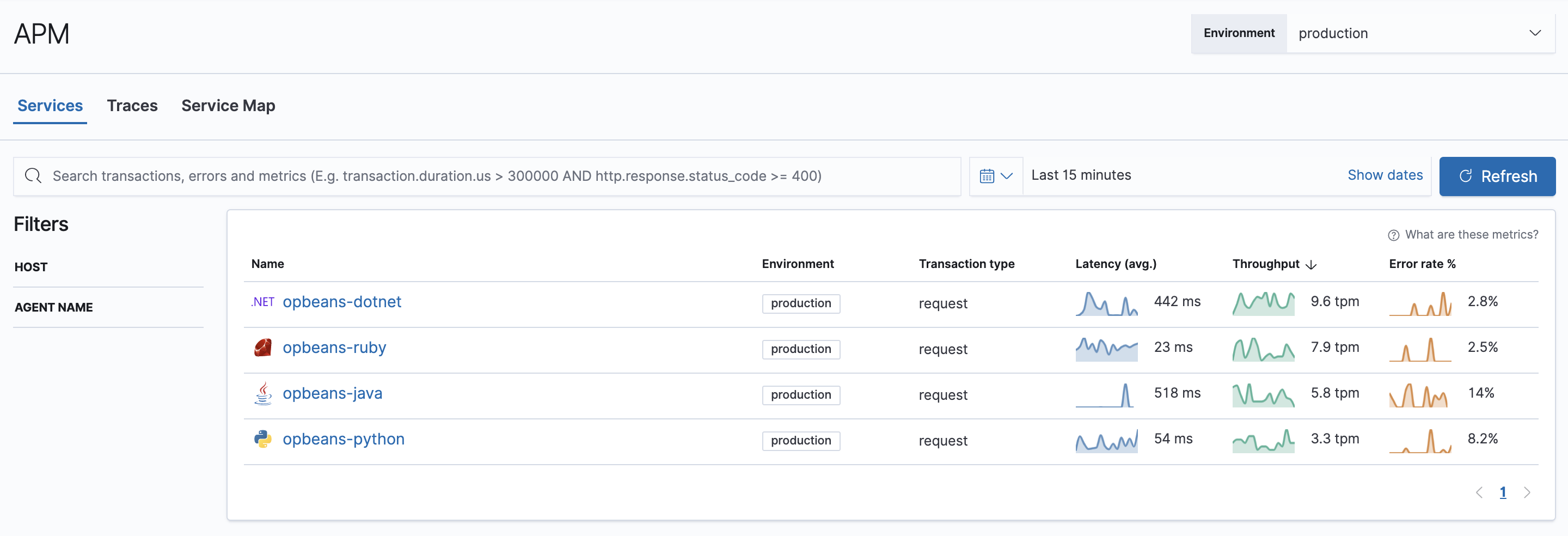 Example view of services table the APM app in Kibana