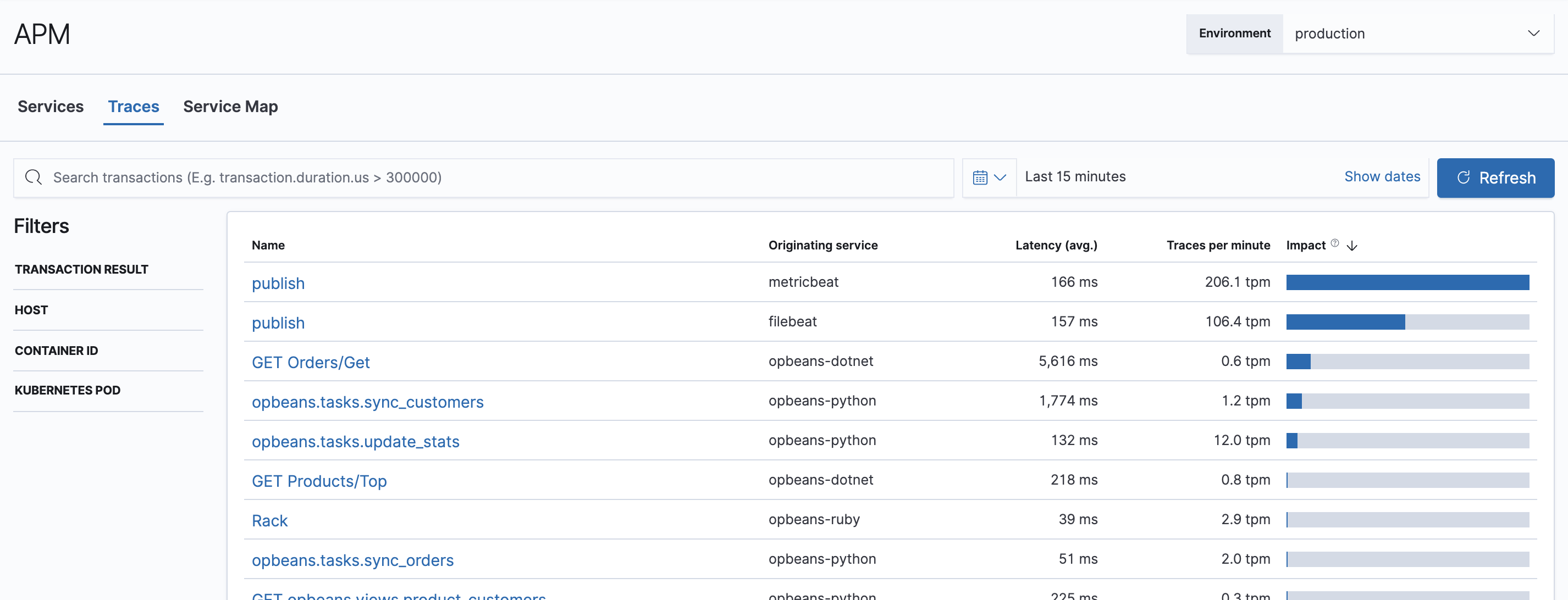 Example view of the Traces overview in APM app in Kibana